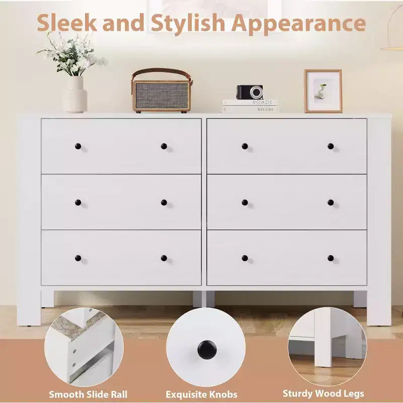 Commode de chambre large à 6 tiroirs, en bois moderne avec tiroirs de rangement profonds, poignées en métal - Idéale pour chambre d'enfant, entrée, couloir