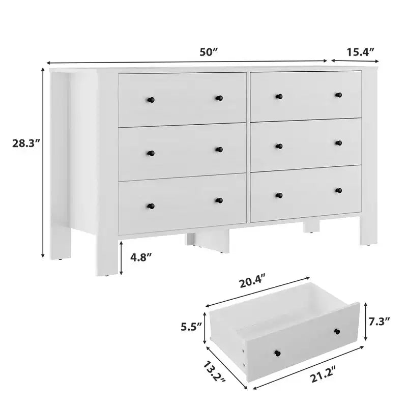 Commode de chambre large à 6 tiroirs, en bois moderne avec tiroirs de rangement profonds, poignées en métal - Idéale pour chambre d'enfant, entrée, couloir