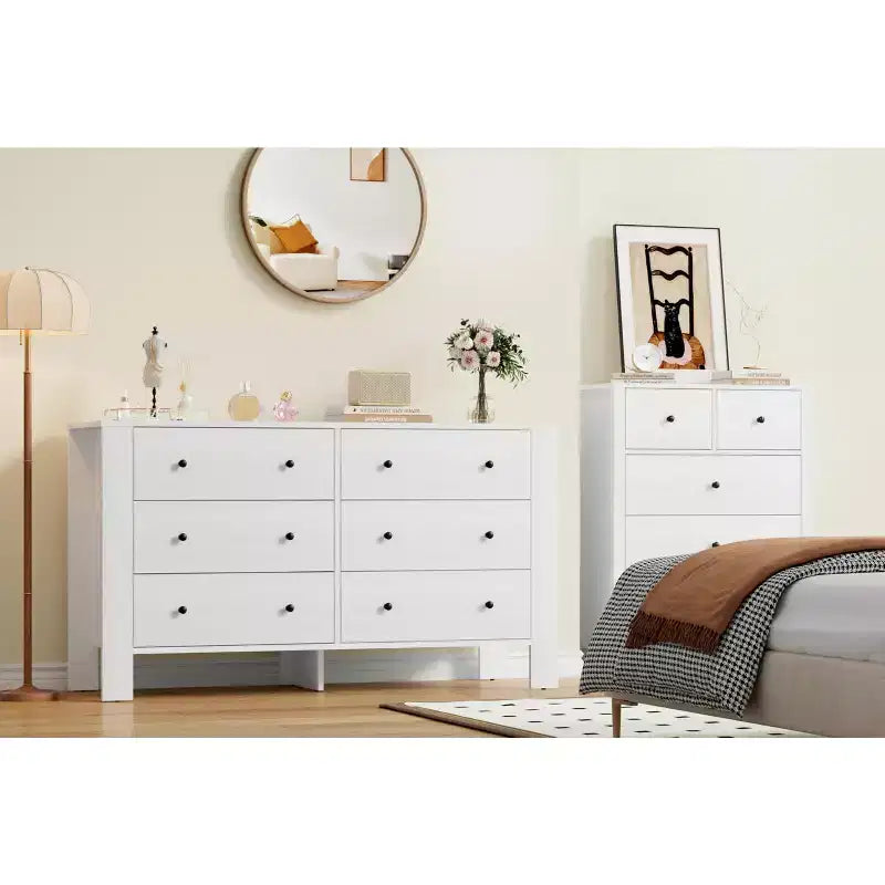 Commode de chambre large à 6 tiroirs, en bois moderne avec tiroirs de rangement profonds, poignées en métal - Idéale pour chambre d'enfant, entrée, couloir