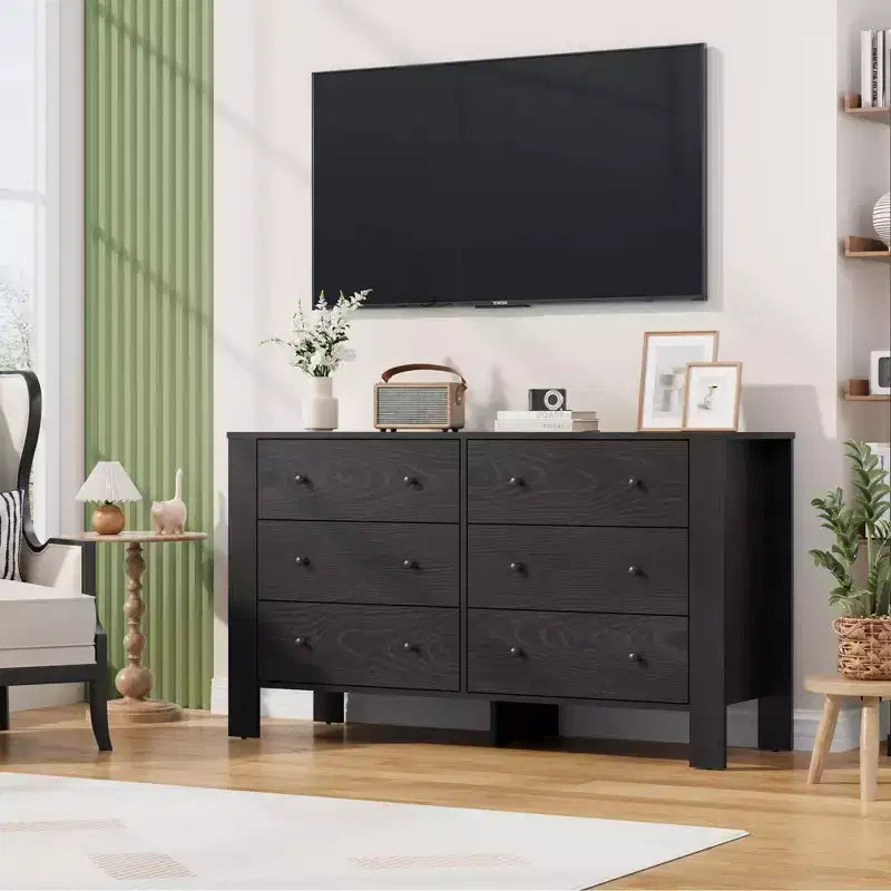 Commode de chambre large à 6 tiroirs, en bois moderne avec tiroirs de rangement profonds, poignées en métal - Idéale pour chambre d'enfant, entrée, couloir