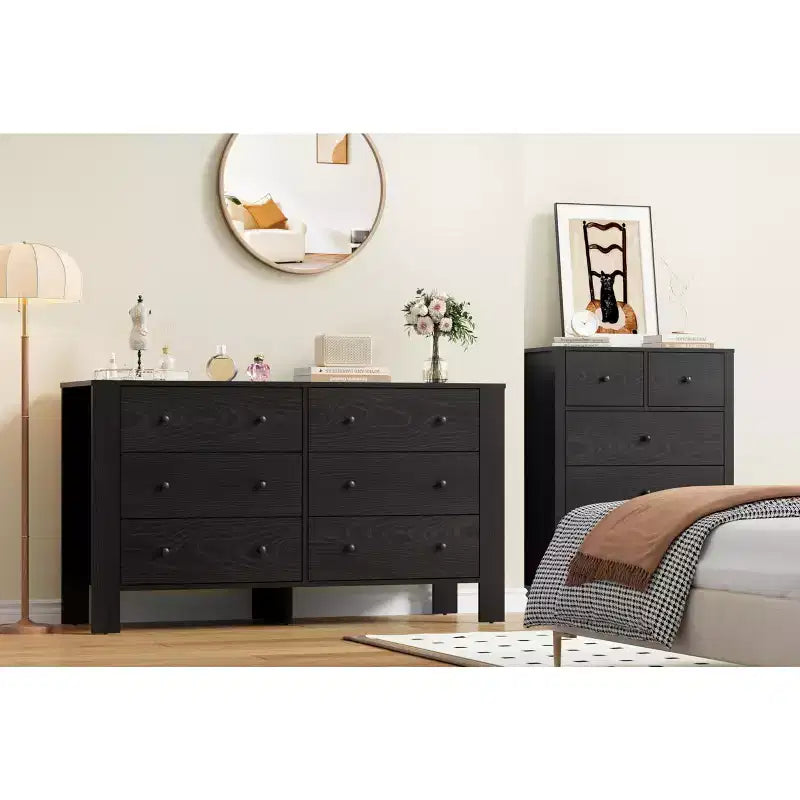 Commode de chambre large à 6 tiroirs, en bois moderne avec tiroirs de rangement profonds, poignées en métal - Idéale pour chambre d'enfant, entrée, couloir