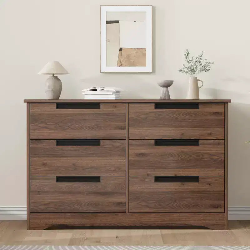 6 Drawer Dresser for Bedroom, Walnut 6 Chest of Drawers with Embedded Handles Design, Wooden Dresser Closet Organizer for Living Room Entryway Nursery