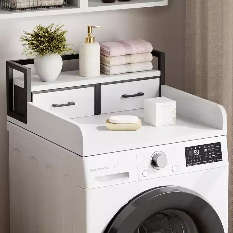 Comptoir de lave-linge séchant à 2 niveaux, simple avec étagère et tiroir, sur-plan de buanderie avec rebord et patin antidérapant pour le rangement de la panière à linge