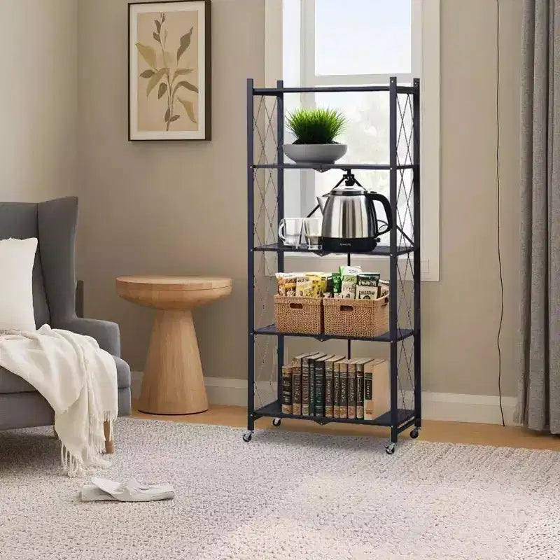 Étagères de rangement pliantes à 5 niveaux avec roues, unité de rayonnage roulante en métal robuste pour cuisine, garage et garde-manger, sans assemblage
