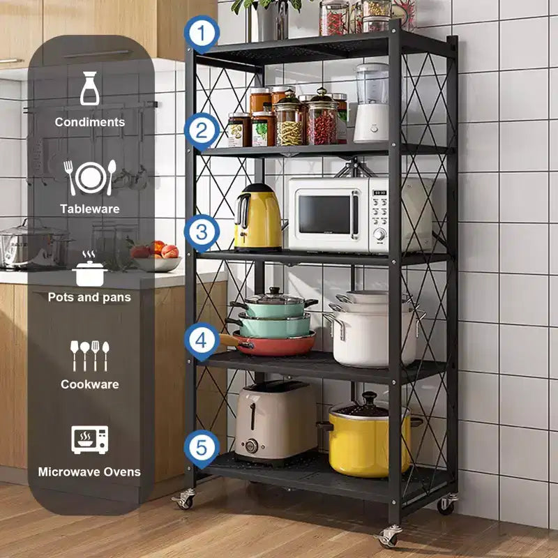 Étagères de rangement pliantes à 5 niveaux avec roues, unité de rayonnage roulante en métal robuste pour cuisine, garage et garde-manger, sans assemblage