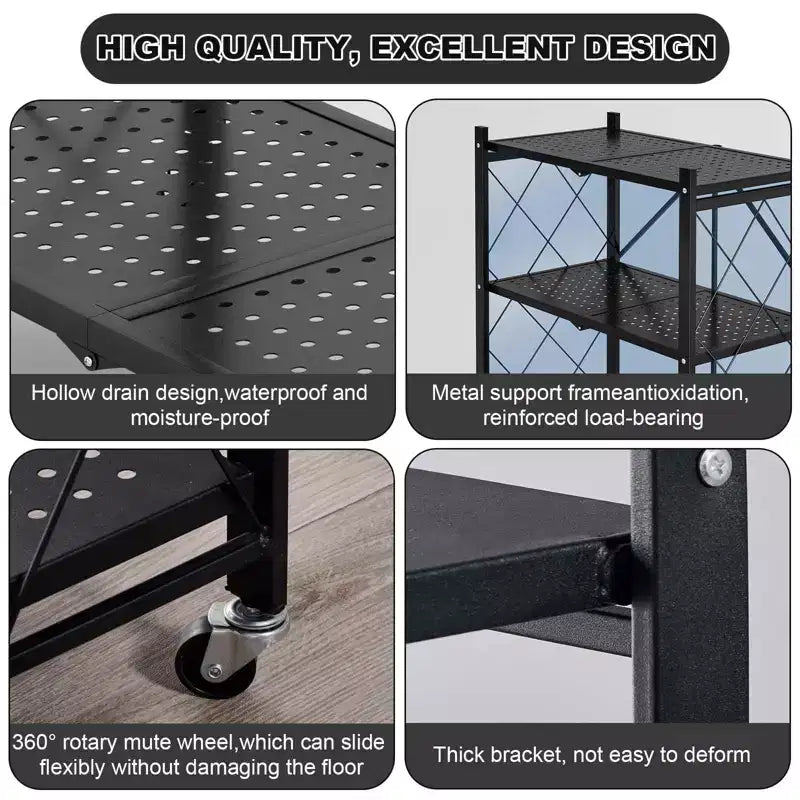 Étagères de rangement pliantes à 5 niveaux avec roues, unité de rayonnage roulante en métal robuste pour cuisine, garage et garde-manger, sans assemblage