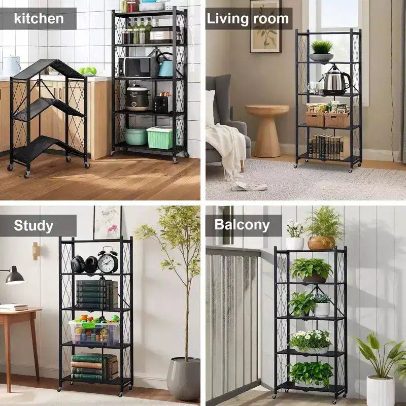 Étagères de rangement pliantes à 5 niveaux avec roues, unité de rayonnage roulante en métal robuste pour cuisine, garage et garde-manger, sans assemblage