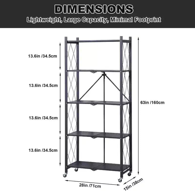 Étagères de rangement pliantes à 5 niveaux avec roues, unité de rayonnage roulante en métal robuste pour cuisine, garage et garde-manger, sans assemblage