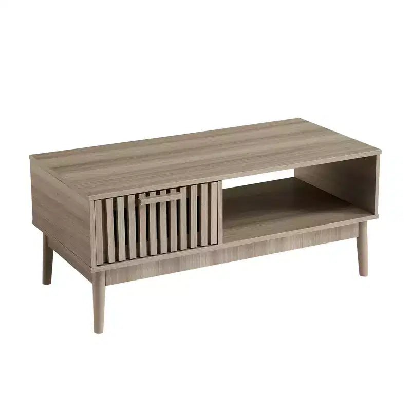 GustoWave Farmhouse Coffee Table with Storage, 39.4 Rustic Fluted Accent Table with Drawer & Open Shelf for Living Room