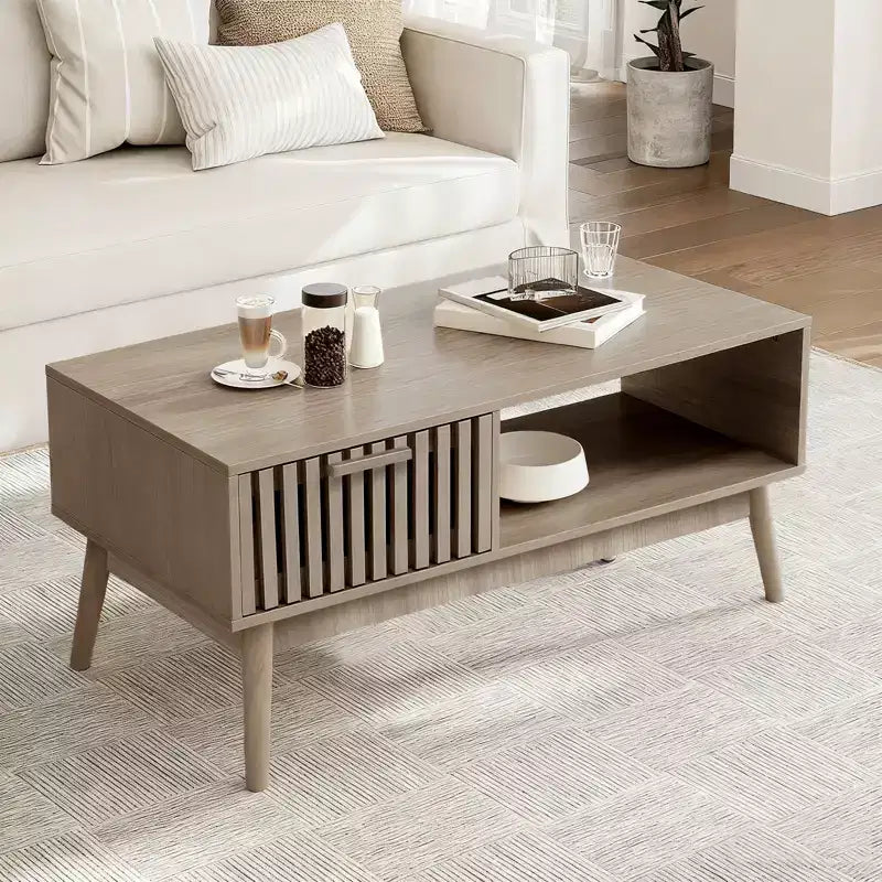 Table basse de ferme avec rangement, 100 cm rustique cannelée avec tiroir et étagère ouverte pour salon