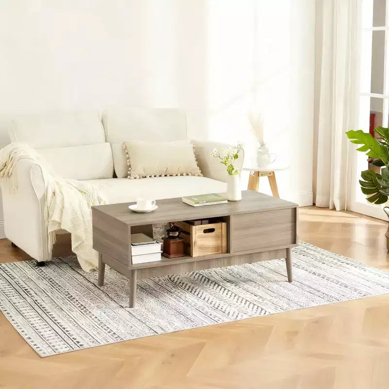 Table basse de ferme avec rangement, 100 cm rustique cannelée avec tiroir et étagère ouverte pour salon