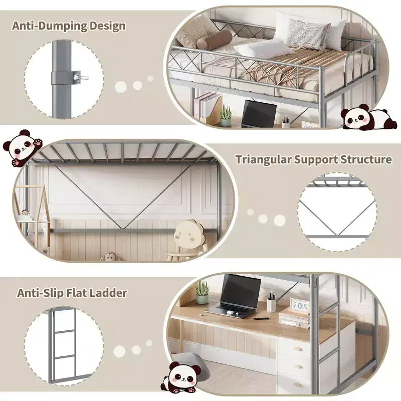 Lit superposé jumeau sur jumeau, barrière de sécurité intégrale, cadre robuste entièrement métallique, design peu encombrant sous le lit, assemblage en 30 minutes, pas besoin de sommier tapissier