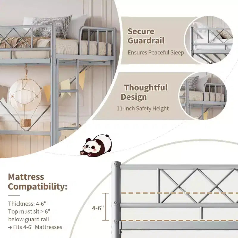 Lit superposé jumeau sur jumeau, barrière de sécurité intégrale, cadre robuste entièrement métallique, design peu encombrant sous le lit, assemblage en 30 minutes, pas besoin de sommier tapissier