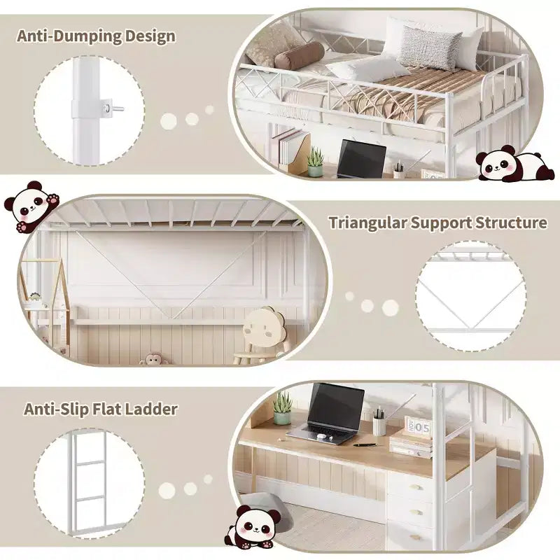 Lit superposé jumeau sur jumeau, barrière de sécurité intégrale, cadre robuste entièrement métallique, design peu encombrant sous le lit, assemblage en 30 minutes, pas besoin de sommier tapissier