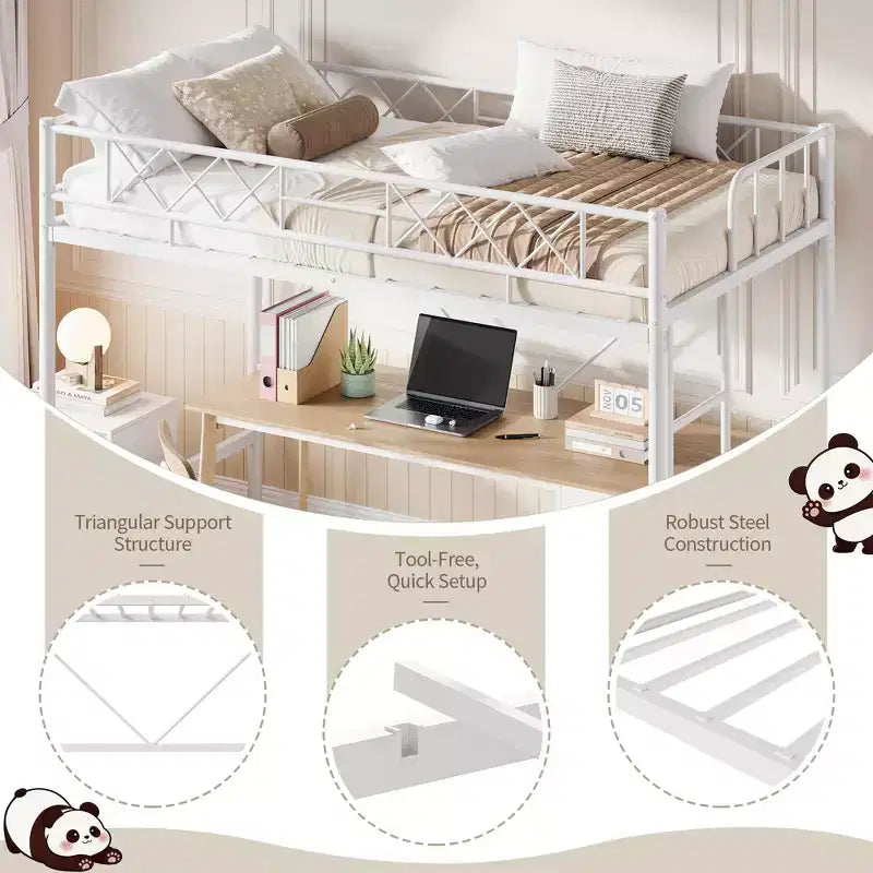 Lit superposé jumeau sur jumeau, barrière de sécurité intégrale, cadre robuste entièrement métallique, design peu encombrant sous le lit, assemblage en 30 minutes, pas besoin de sommier tapissier