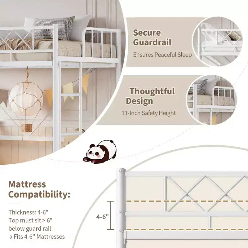 Lit superposé jumeau sur jumeau, barrière de sécurité intégrale, cadre robuste entièrement métallique, design peu encombrant sous le lit, assemblage en 30 minutes, pas besoin de sommier tapissier