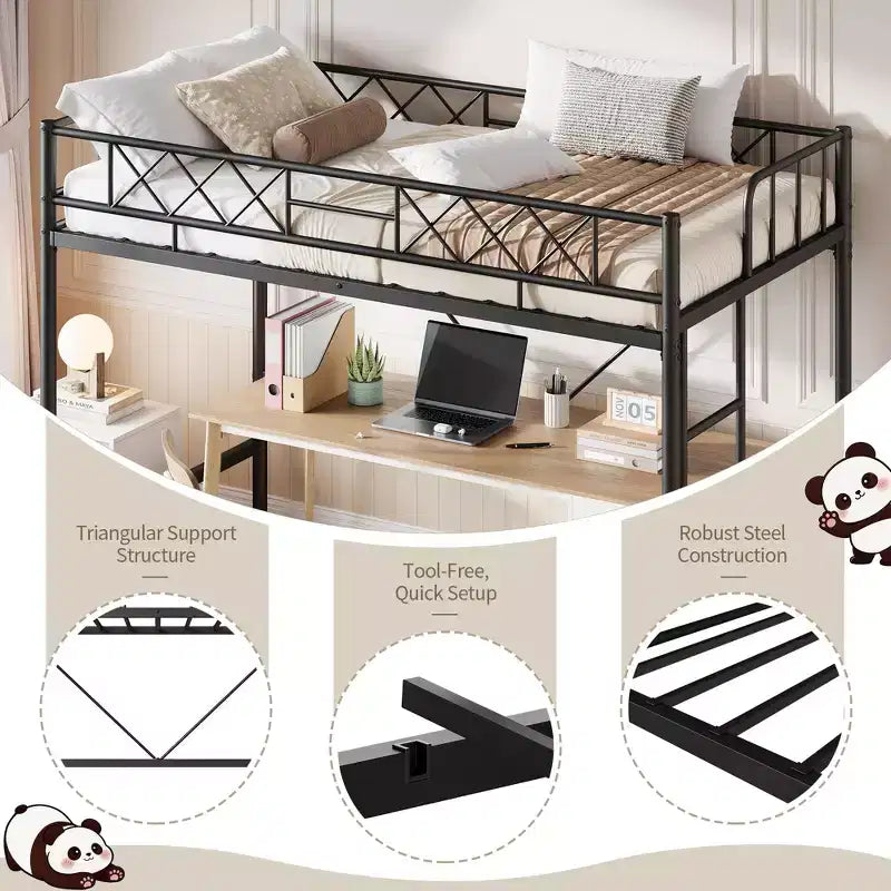 Lit superposé jumeau sur jumeau, barrière de sécurité intégrale, cadre robuste entièrement métallique, design peu encombrant sous le lit, assemblage en 30 minutes, pas besoin de sommier tapissier