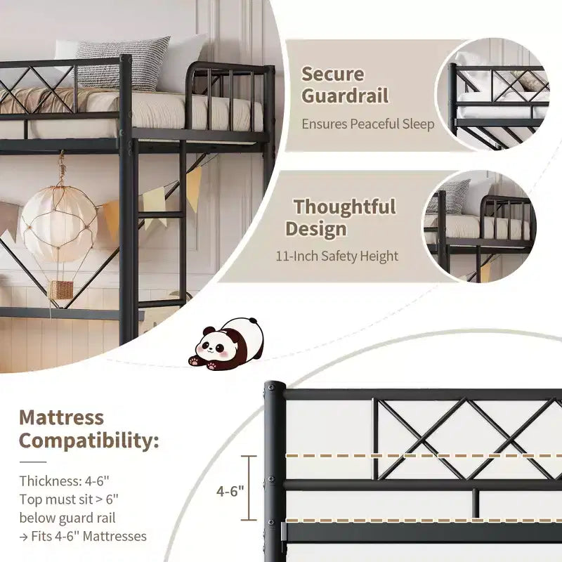 Lit superposé jumeau sur jumeau, barrière de sécurité intégrale, cadre robuste entièrement métallique, design peu encombrant sous le lit, assemblage en 30 minutes, pas besoin de sommier tapissier