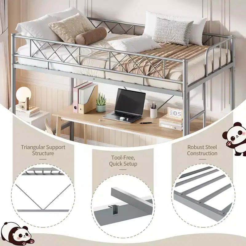 Lit superposé jumeau sur jumeau, barrière de sécurité intégrale, cadre robuste entièrement métallique, design peu encombrant sous le lit, assemblage en 30 minutes, pas besoin de sommier tapissier