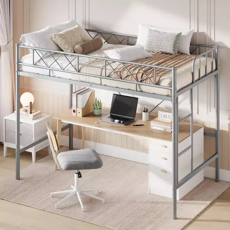 Lit superposé jumeau sur jumeau, barrière de sécurité intégrale, cadre robuste entièrement métallique, design peu encombrant sous le lit, assemblage en 30 minutes, pas besoin de sommier tapissier