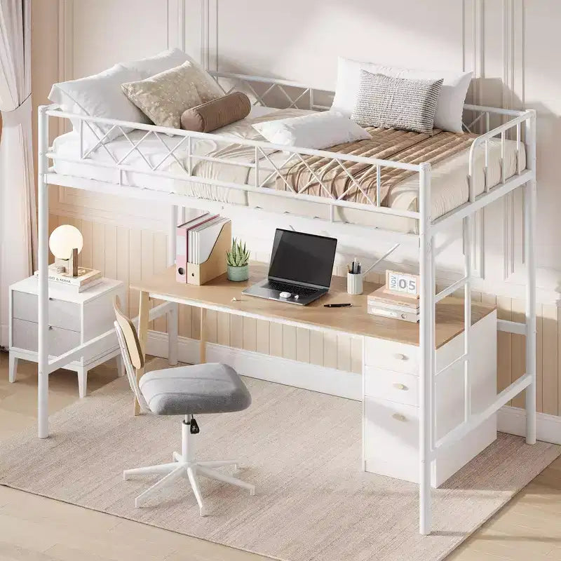 Lit superposé jumeau sur jumeau, barrière de sécurité intégrale, cadre robuste entièrement métallique, design peu encombrant sous le lit, assemblage en 30 minutes, pas besoin de sommier tapissier