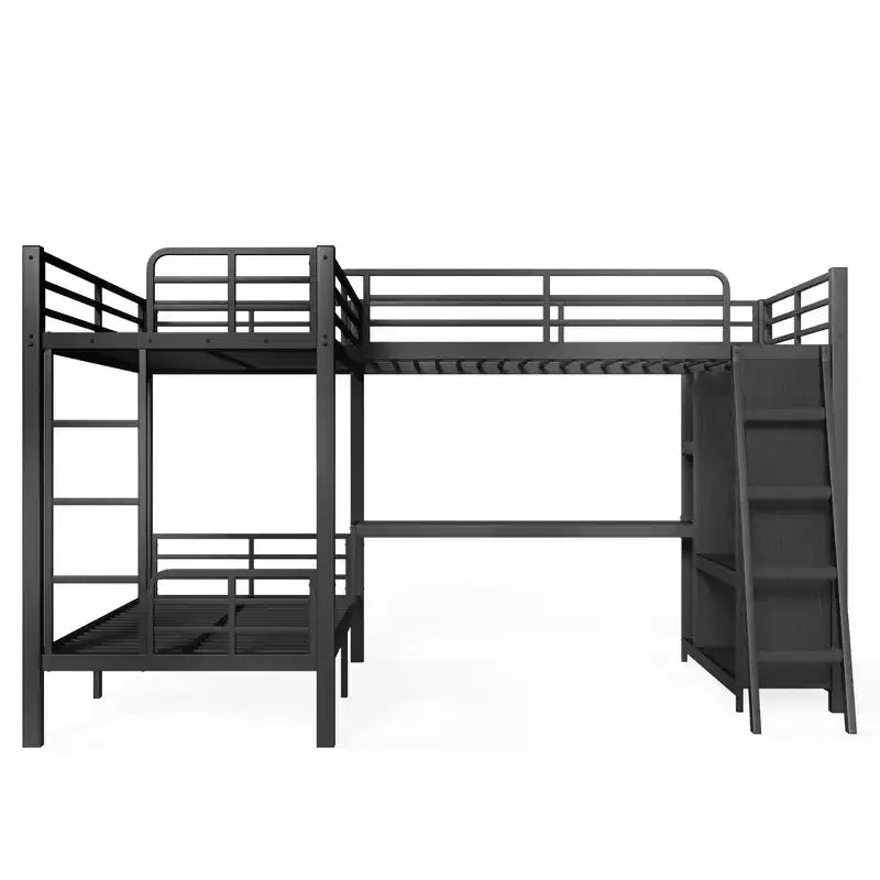 Lit superposé triple en métal en L avec bureau et armoire