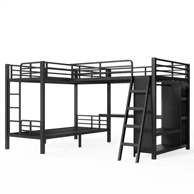 Lit superposé triple en métal en L avec bureau et armoire