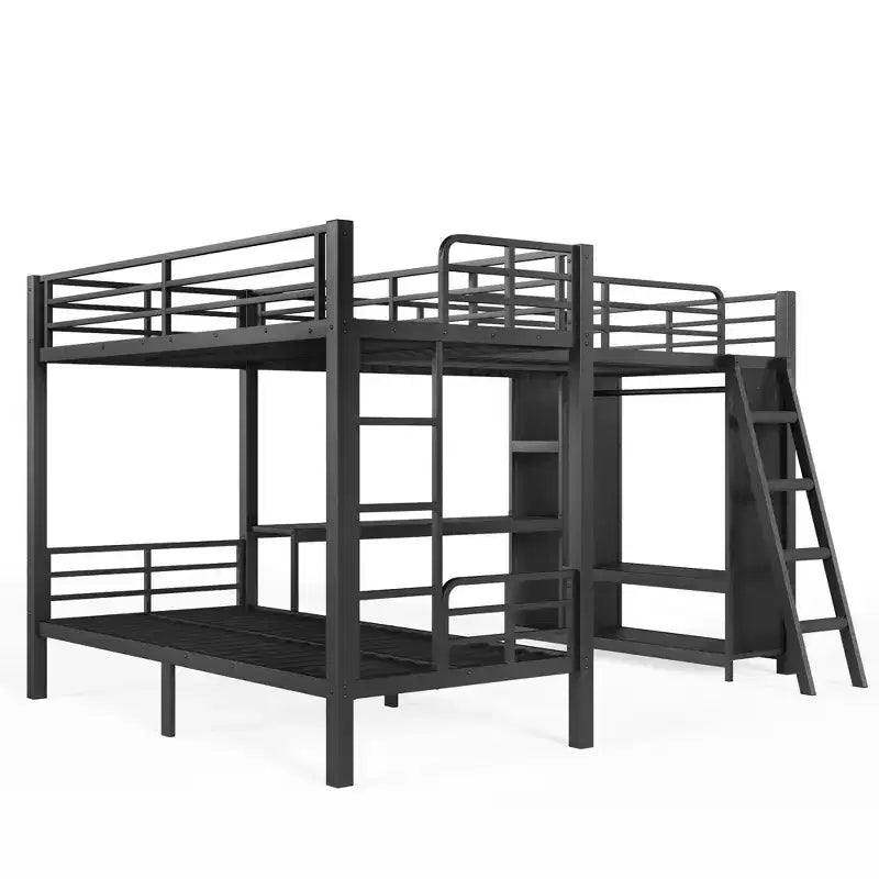 Lit superposé triple en métal en L avec bureau et armoire