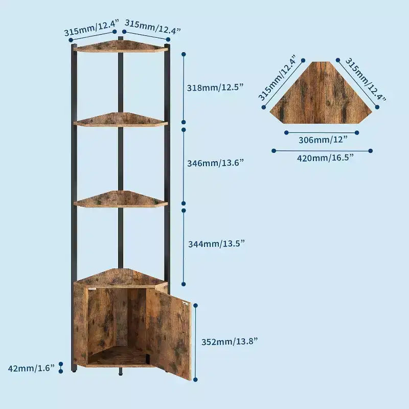 Étagère d'Angle à 5 Niveaux, Bibliothèque Étroite de 147 cm avec Cadre Métallique et Rangement, Facile à Monter pour Coin Mural, Chambre, Salon