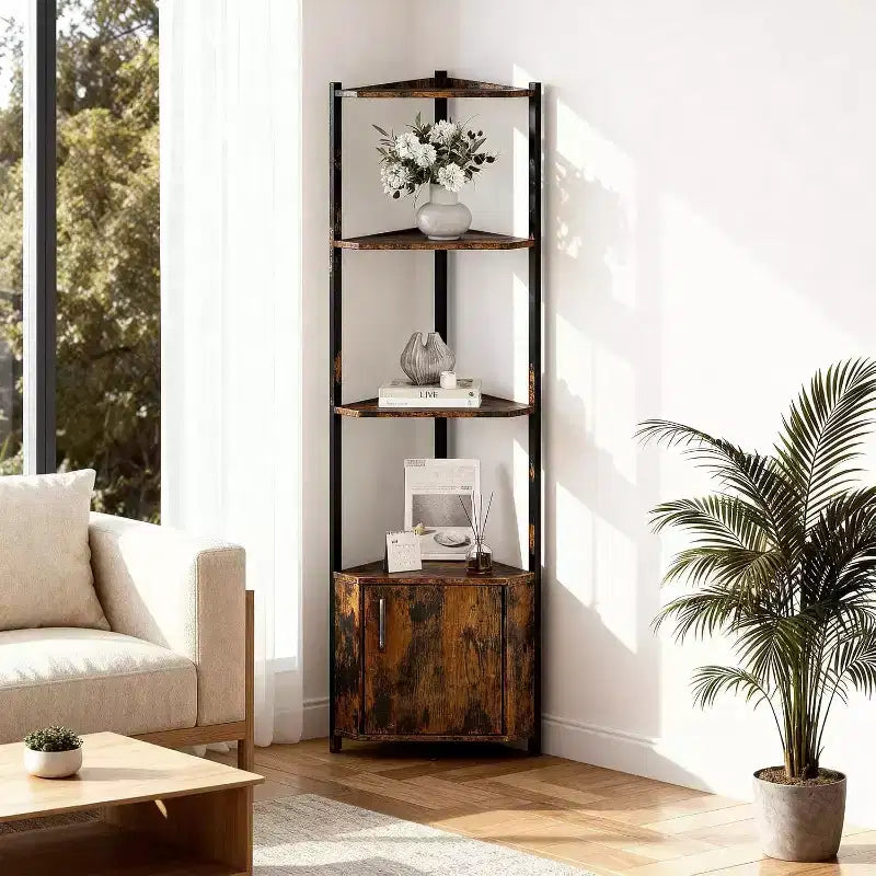 Étagère d'Angle à 5 Niveaux, Bibliothèque Étroite de 147 cm avec Cadre Métallique et Rangement, Facile à Monter pour Coin Mural, Chambre, Salon