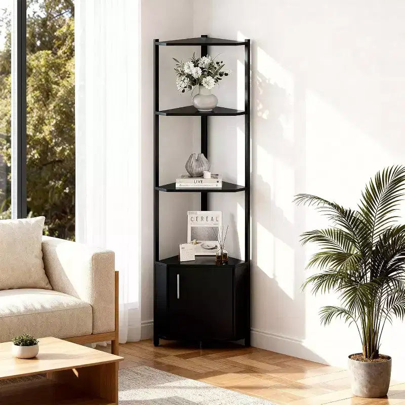Étagère d'Angle à 5 Niveaux, Bibliothèque Étroite de 147 cm avec Cadre Métallique et Rangement, Facile à Monter pour Coin Mural, Chambre, Salon