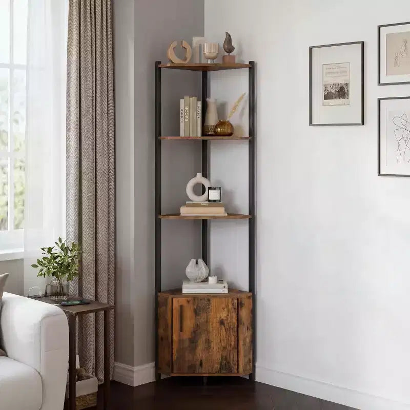 Étagère d'Angle à 5 Niveaux, Bibliothèque Étroite de 147 cm avec Cadre Métallique et Rangement, Facile à Monter pour Coin Mural, Chambre, Salon