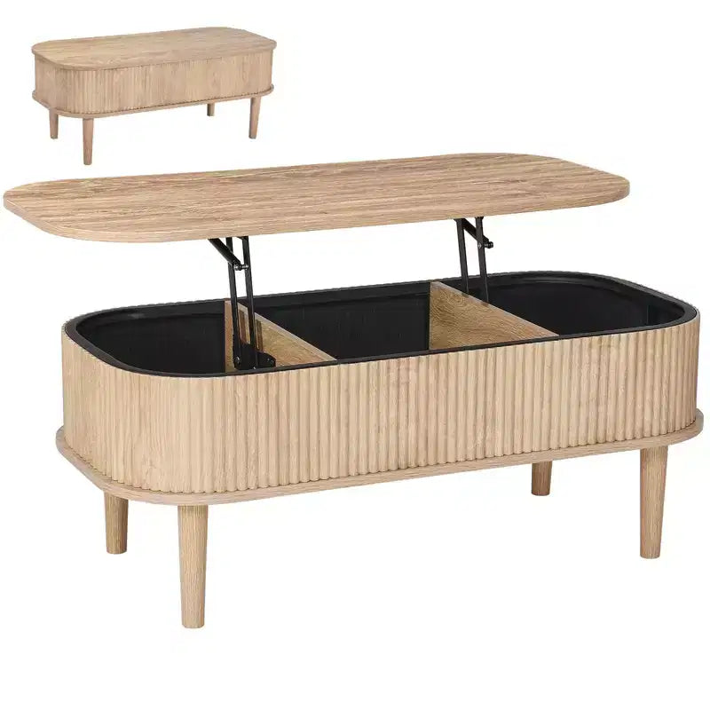 39.4 in Lift Top Coffee Table, Fluted Oval Coffee Table with 3 Hidden Compartment, Mid Century Wooden Oval Center Desk with Storage