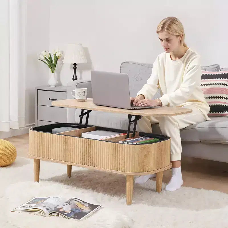 Table basse relevable de 99,06 cm, table basse ovale cannelée avec 3 compartiments cachés, bureau central ovale en bois de style mid-century avec rangement