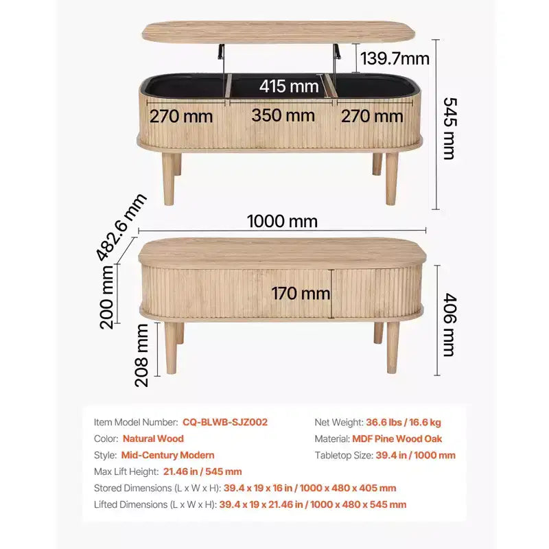 Table basse relevable de 99,06 cm, table basse ovale cannelée avec 3 compartiments cachés, bureau central ovale en bois de style mid-century avec rangement