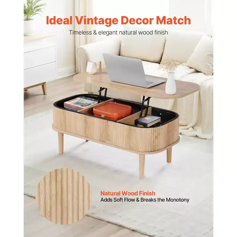 Table basse relevable de 99,06 cm, table basse ovale cannelée avec 3 compartiments cachés, bureau central ovale en bois de style mid-century avec rangement
