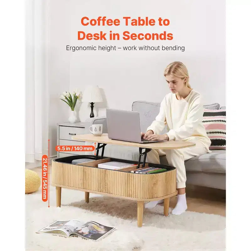 Table basse relevable de 99,06 cm, table basse ovale cannelée avec 3 compartiments cachés, bureau central ovale en bois de style mid-century avec rangement