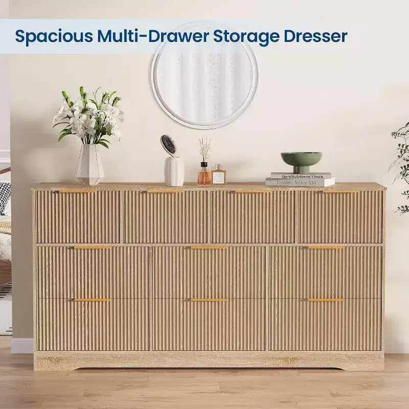 Commode moderne à 10 tiroirs cannelés, poignées métalliques élégantes, organisateur de rangement anti-basculement, pour chambre à coucher, salon