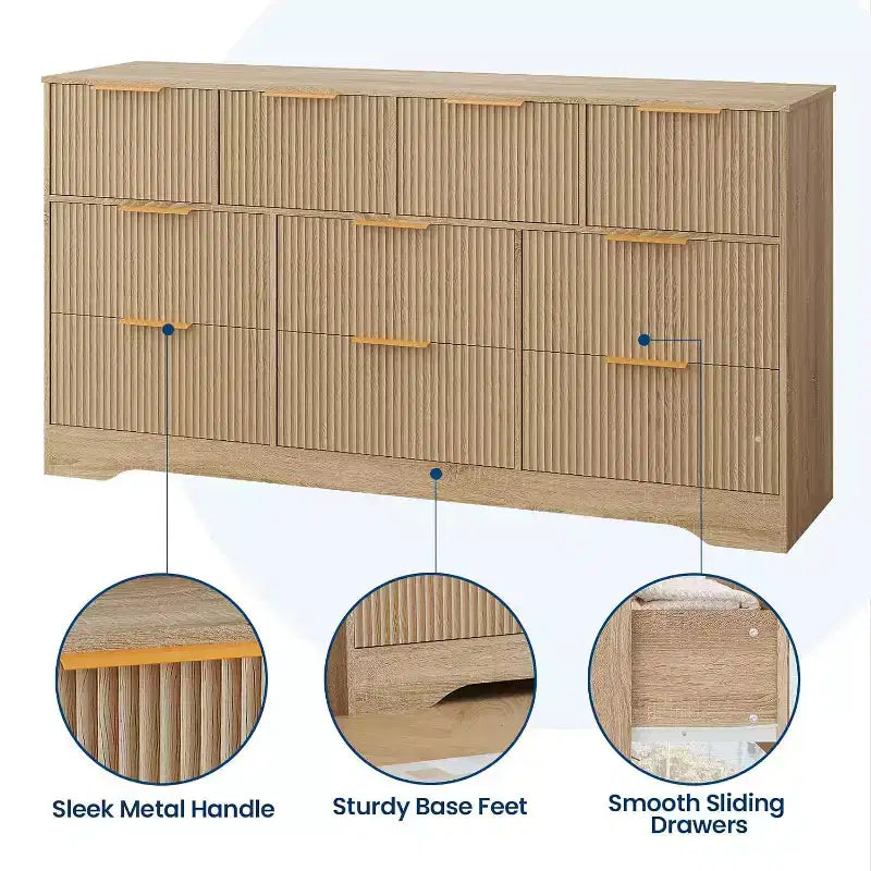 Commode moderne à 10 tiroirs cannelés, poignées métalliques élégantes, organisateur de rangement anti-basculement, pour chambre à coucher, salon