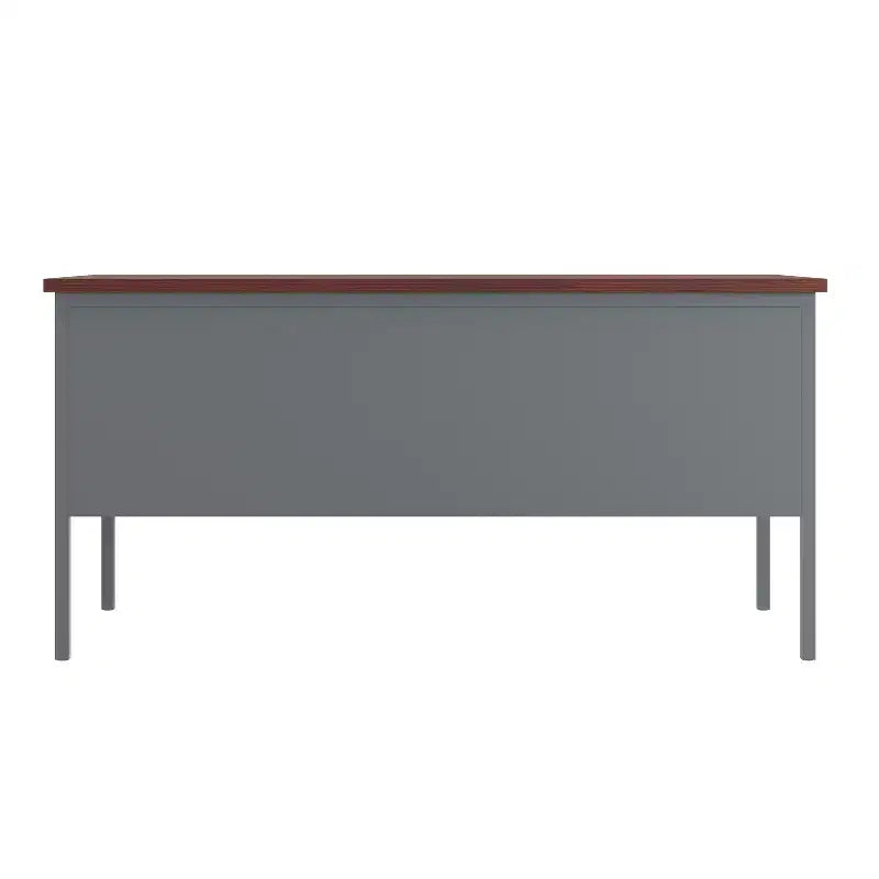 Bureau double piédestal de qualité commerciale 30x60 avec 5 tiroirs verrouillables, plateau en acajou et cadre gris anthracite