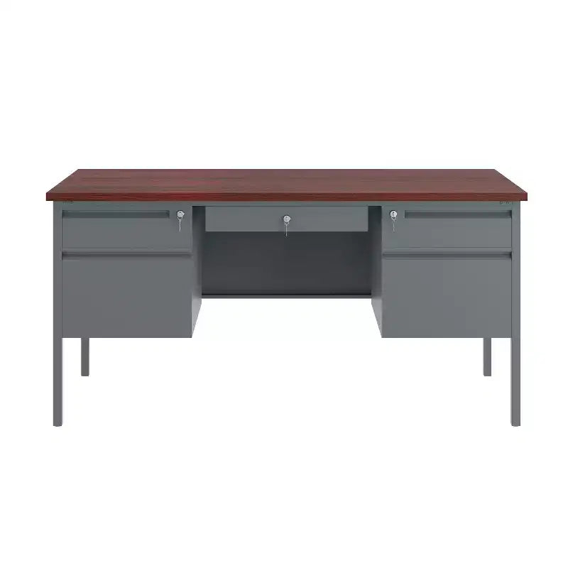 Bureau double piédestal de qualité commerciale 30x60 avec 5 tiroirs verrouillables, plateau en acajou et cadre gris anthracite