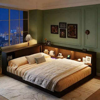 Lit de repos moderne Queen avec 5 étagères de rangement, prises et lumière