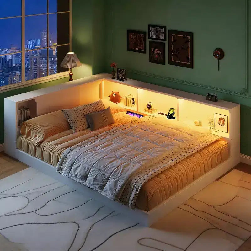 Lit de repos moderne Queen avec 5 étagères de rangement, prises et lumière
