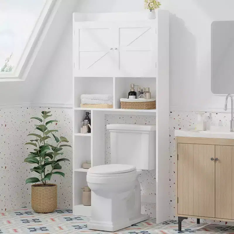 Meuble de rangement sur pied pour WC avec étagère réglable, meuble gain de place pour salle de bain avec portes doubles et étagères ouvertes, blanc
